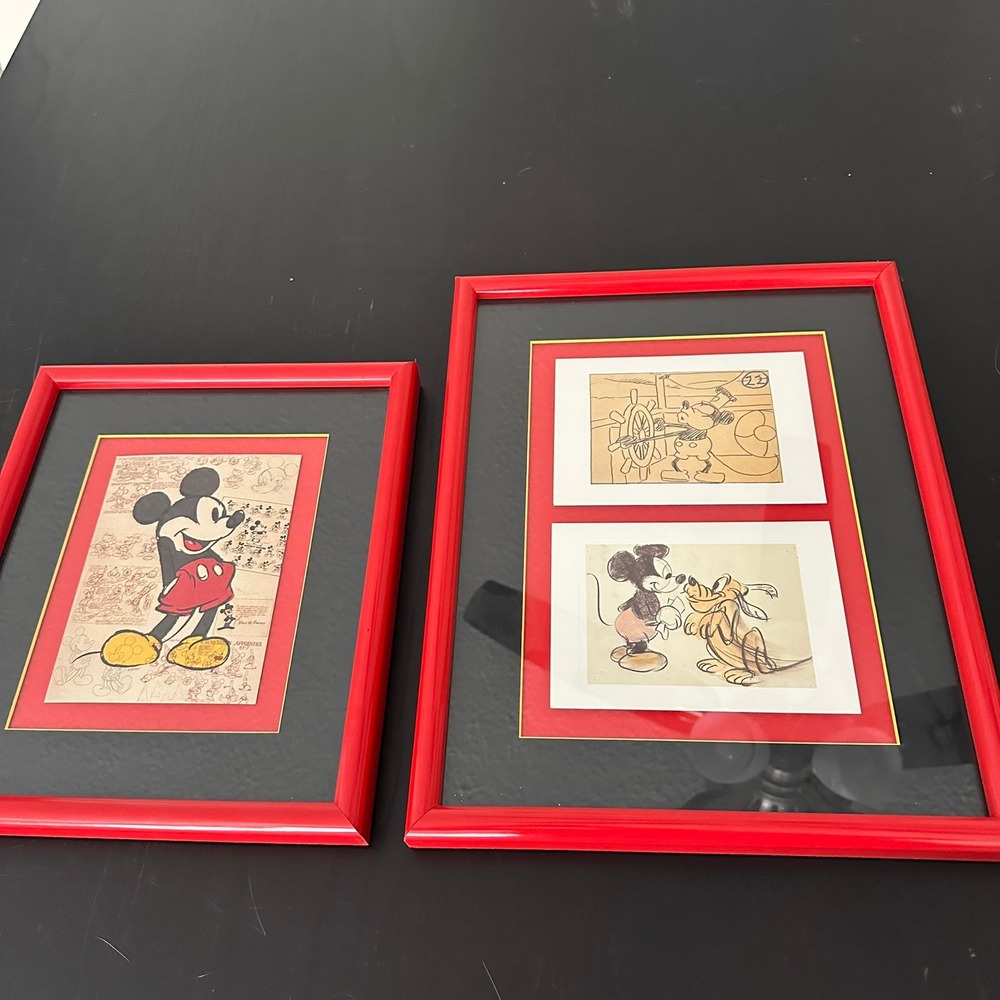 Disney Mickey Mouse Steamboat Willie Pluto Framed Art Prints Set of 2 Red Frame